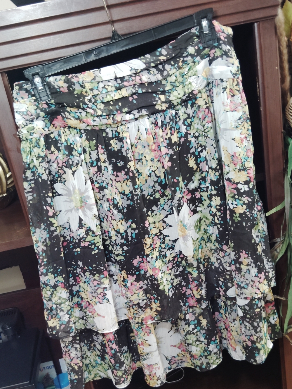 Black Floral High-Low Skirt with Pastel Accents